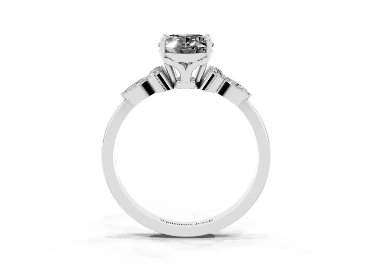 Fancy Black Oval Cut Brilliant Diamond Solitaire Ring with Pear Side Stones and Four-Prong Setting Silver