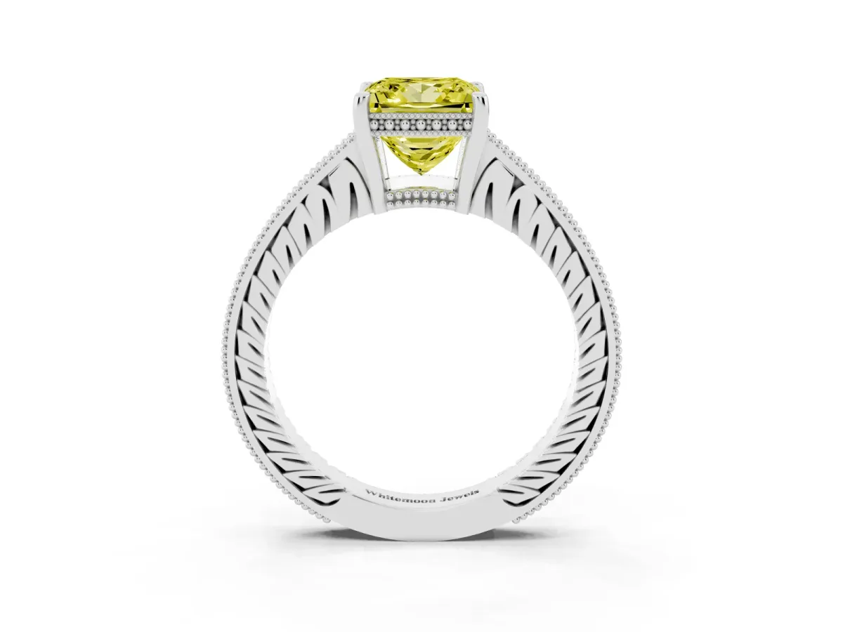 Fancy Yellow Princess Cut Solitaire Pavé Diamond Milgrain Engagement Ring with Four-Prong Setting Silver