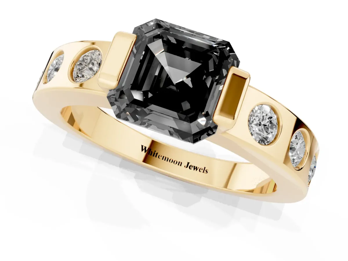 Fancy Black Asscher Cut Brilliant Channel-Set Diamond Ring with Bezel Prong Setting Yellow gold