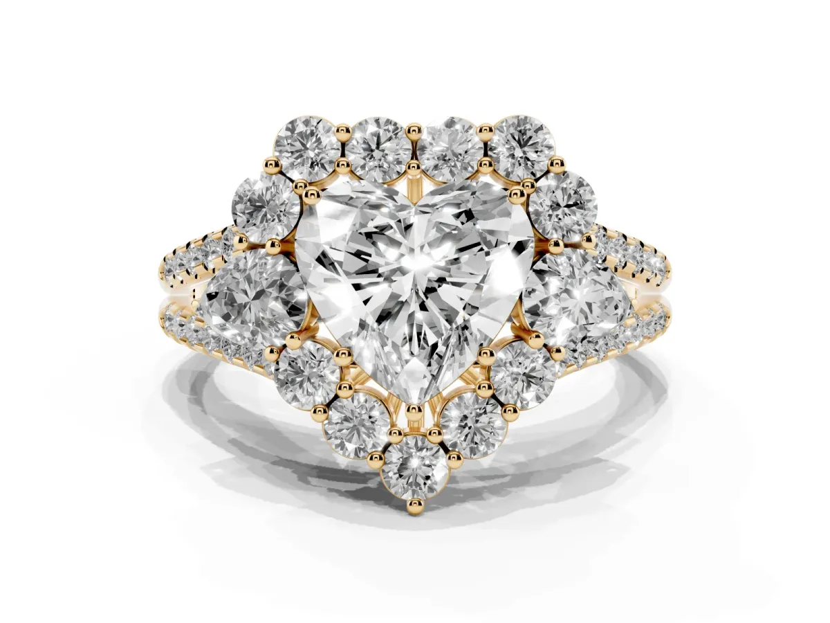 Heart Cut Halo Split Shank Diamond Engagement Ring with Prong Setting Yellow gold