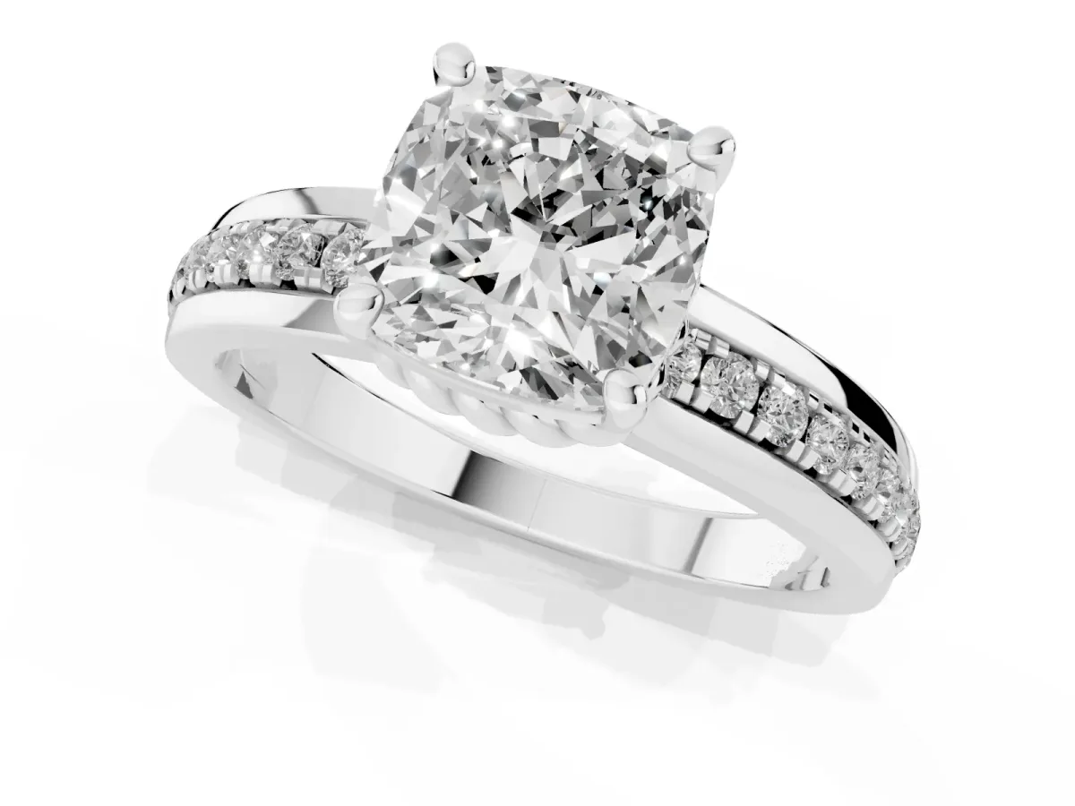 Cushion Cut Solitaire Diamond Ring with Channel Set Band and Six-Prong Setting Silver