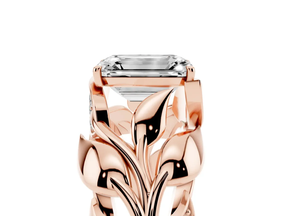 Emerald Cut Diamond Leaf-Inspired Engagement Ring with Round Accents and Prong Setting Rose gold