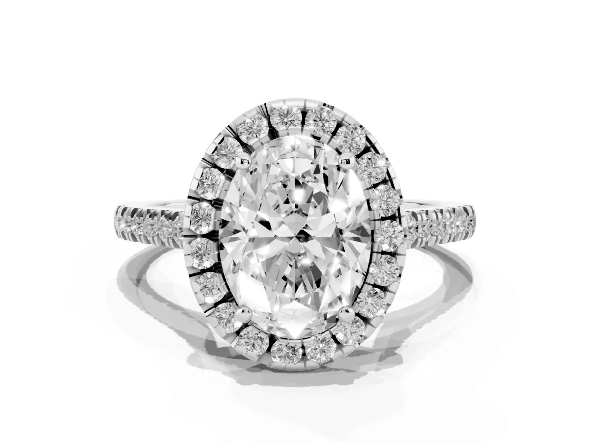 Oval Cut Diamond Cushion Halo Ring with Pavé Band Silver