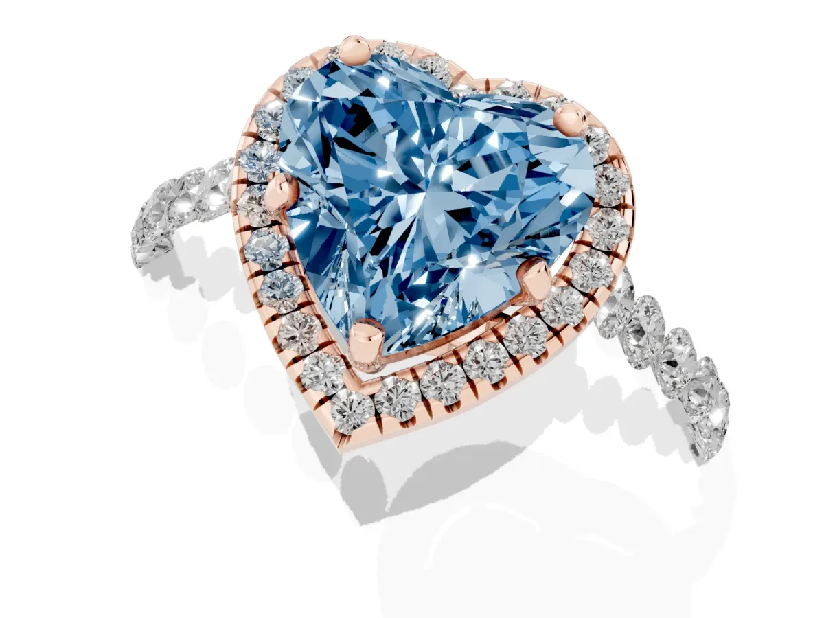 Fancy Blue Heart Cut Halo Pavé Diamond Engagement Ring with Four-Prong Setting Rose gold