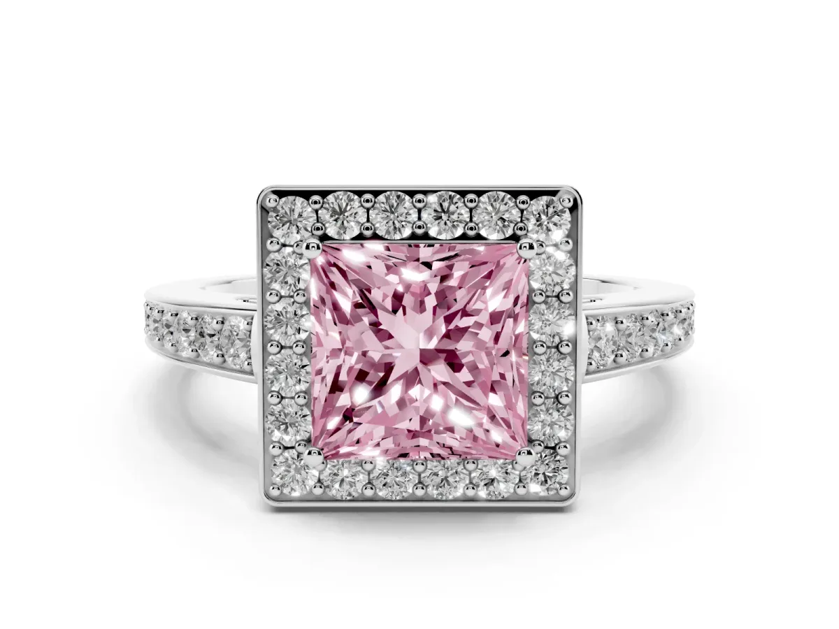 Fancy Pink Princess Cut Halo Pavé Diamond Engagement Ring with Bezel Setting Silver