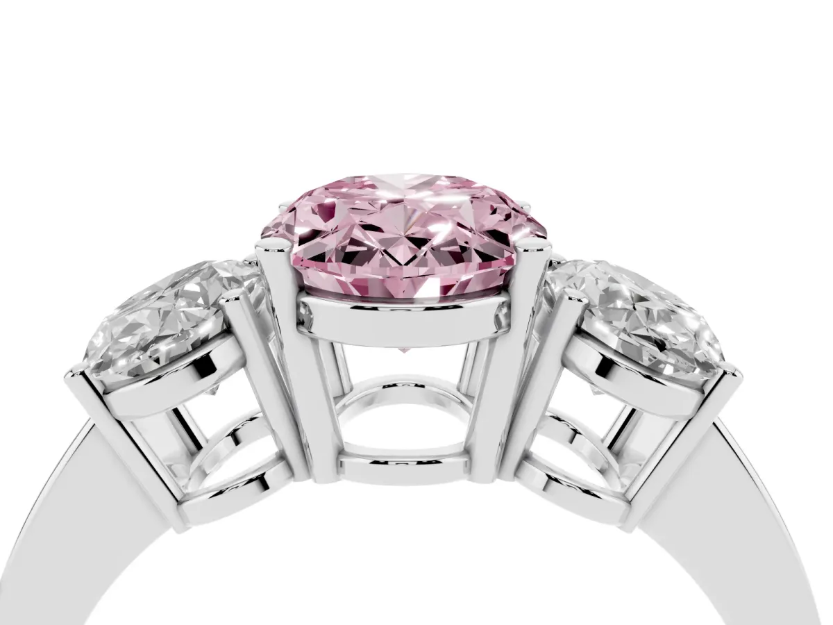 Fancy Pink Three-Stone Oval Cut Cut Diamond Engagement Ring with Flat Band and Four-Prong Setting Silver
