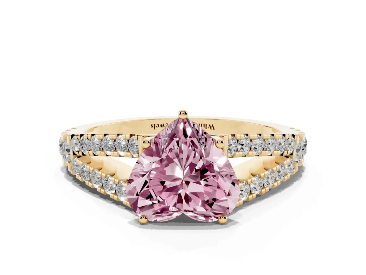 Fancy Pink Heart Cut Diamond Split Shank Engagement Ring with Round Pavé and Prong Setting Yellow gold