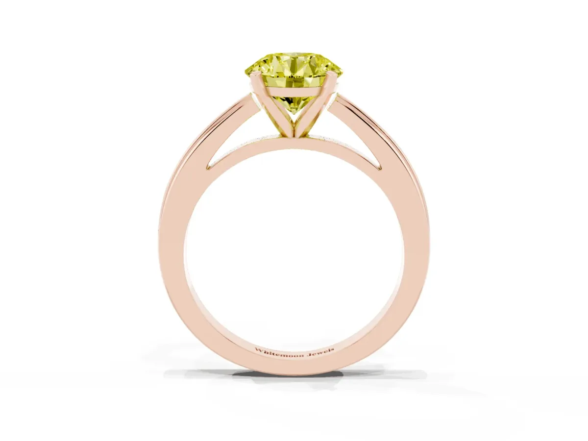 Fancy Yellow Round Cut Solitaire Diamond Ring with Four-Prong Setting and Classic Band Rose gold