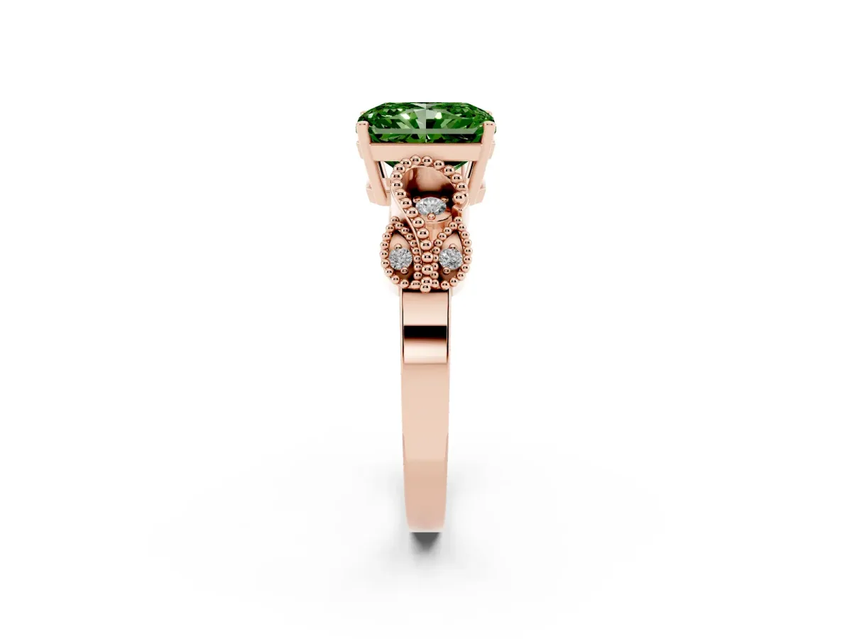 Fancy Green Radiant Cut Solitaire Milgrain Leaf Band with Prong Setting Rose gold