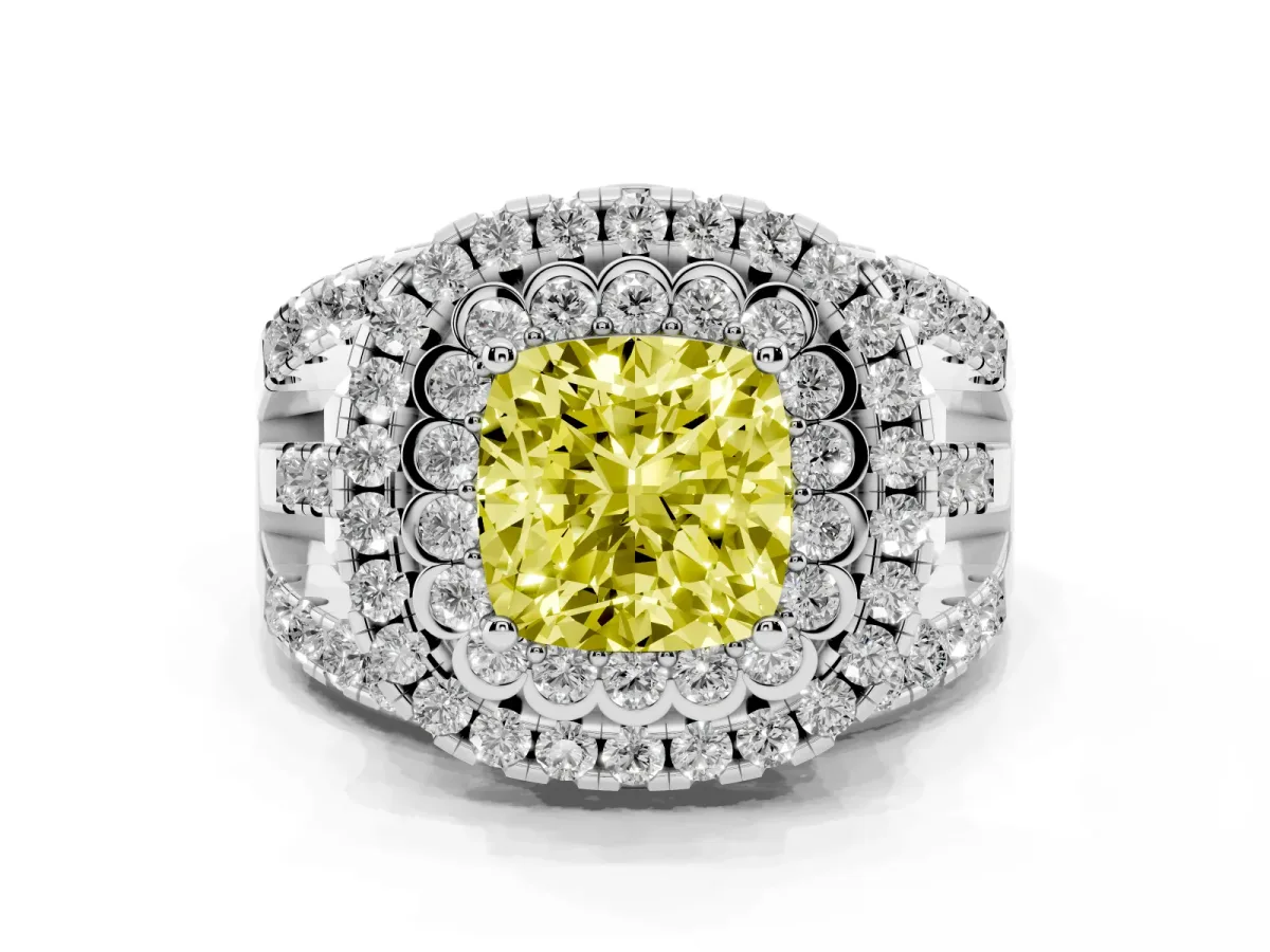 Fancy Yellow Cushion Cut Diamond Double Halo Ring with Round Pavé Split Shank and Prong Setting Silver