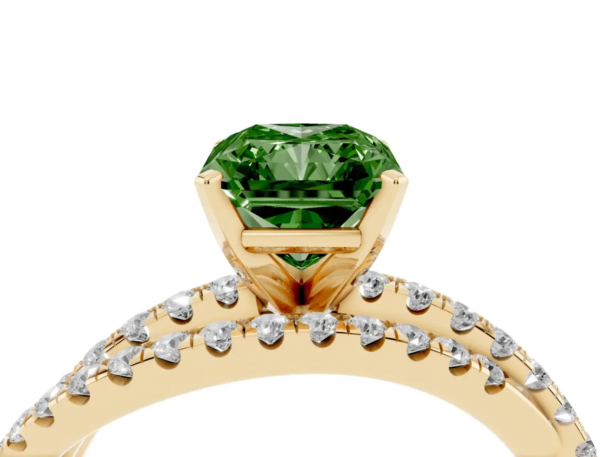 Fancy Green Radiant Cut Solitaire Twist Band with Pavé Setting and Four-Prong Setting Yellow gold