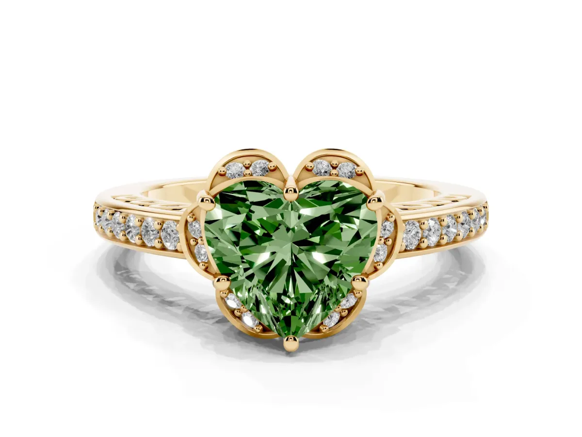 Fancy Green Heart Cut Cut Halo Diamond Ring with Channel Set Band and Four-Prong Setting Yellow gold