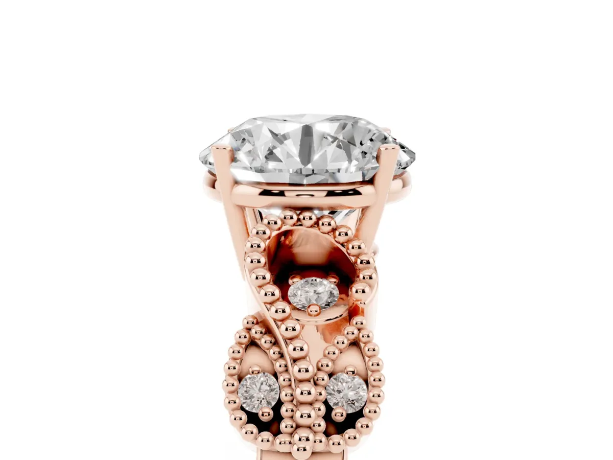 Round Cut Solitaire Milgrain Leaf Band with Prong Setting Rose gold
