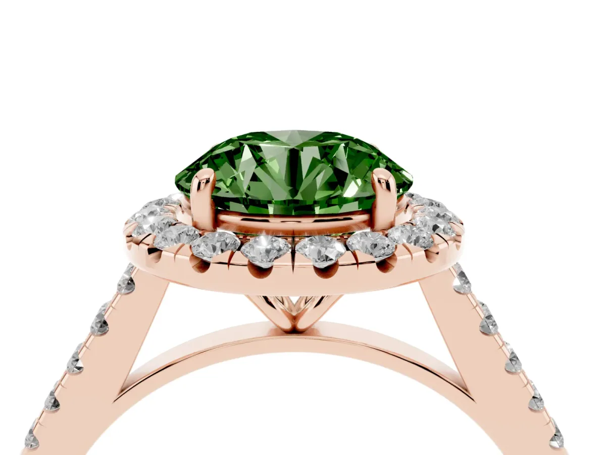 Fancy Green Round Cut Halo Pave Diamond Engagement Ring with Four-Prong Setting Rose gold