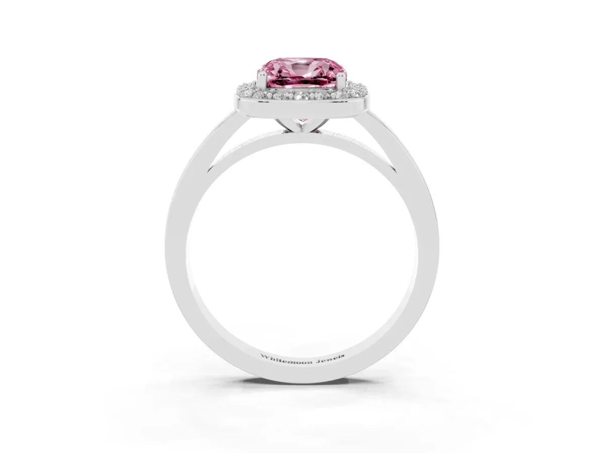Fancy Pink Cushion Cut Halo Diamond Ring with Solitaire Band and Prong Setting Silver