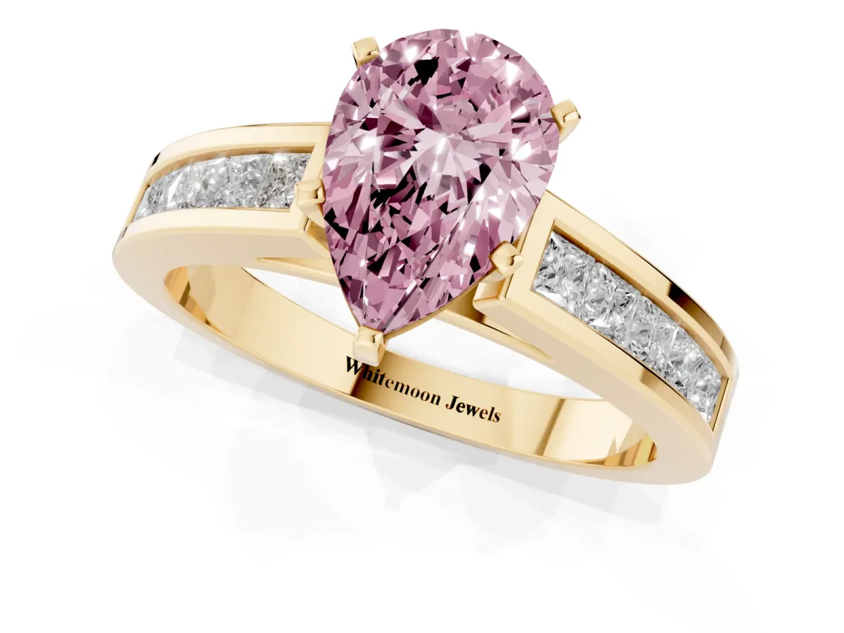 Fancy Pink Pear Cut Solitaire Diamond Ring with Channel-Set Band and Four-Prong Setting Yellow gold