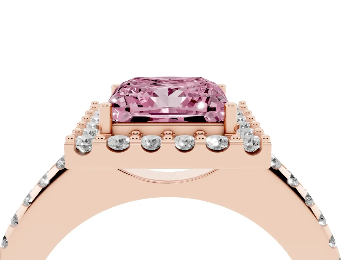 Fancy Pink Princess Cut Diamond Pavé Halo Ring with Four-Prong Setting Rose gold