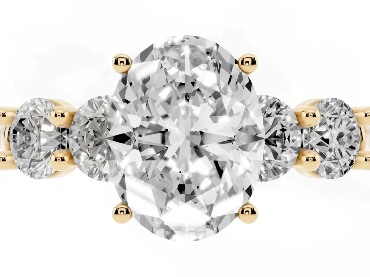 Oval Cut Cut Five-Stone Prong Set Diamond Ring with Classic Band Yellow gold