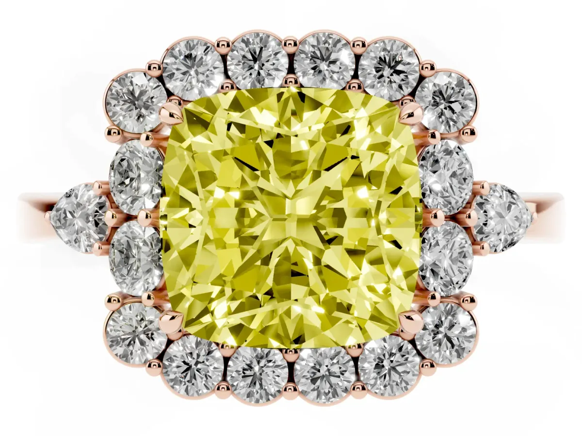 Fancy Yellow Cushion Cut Diamond Halo Ring with Pear Side Stones and Prong Setting Rose gold