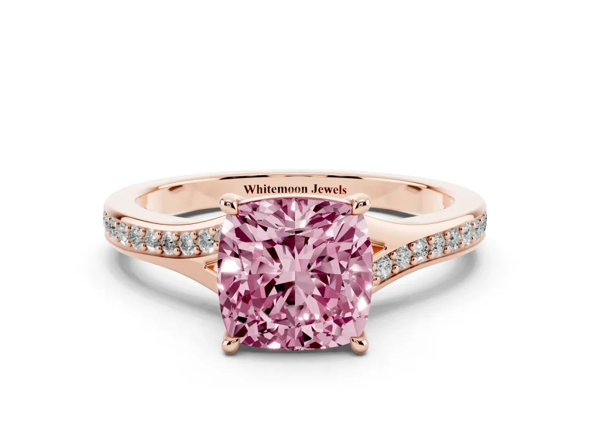 Fancy Pink Cushion Cut Diamond Solitaire Ring with Pavé Band and Prong Setting Rose gold