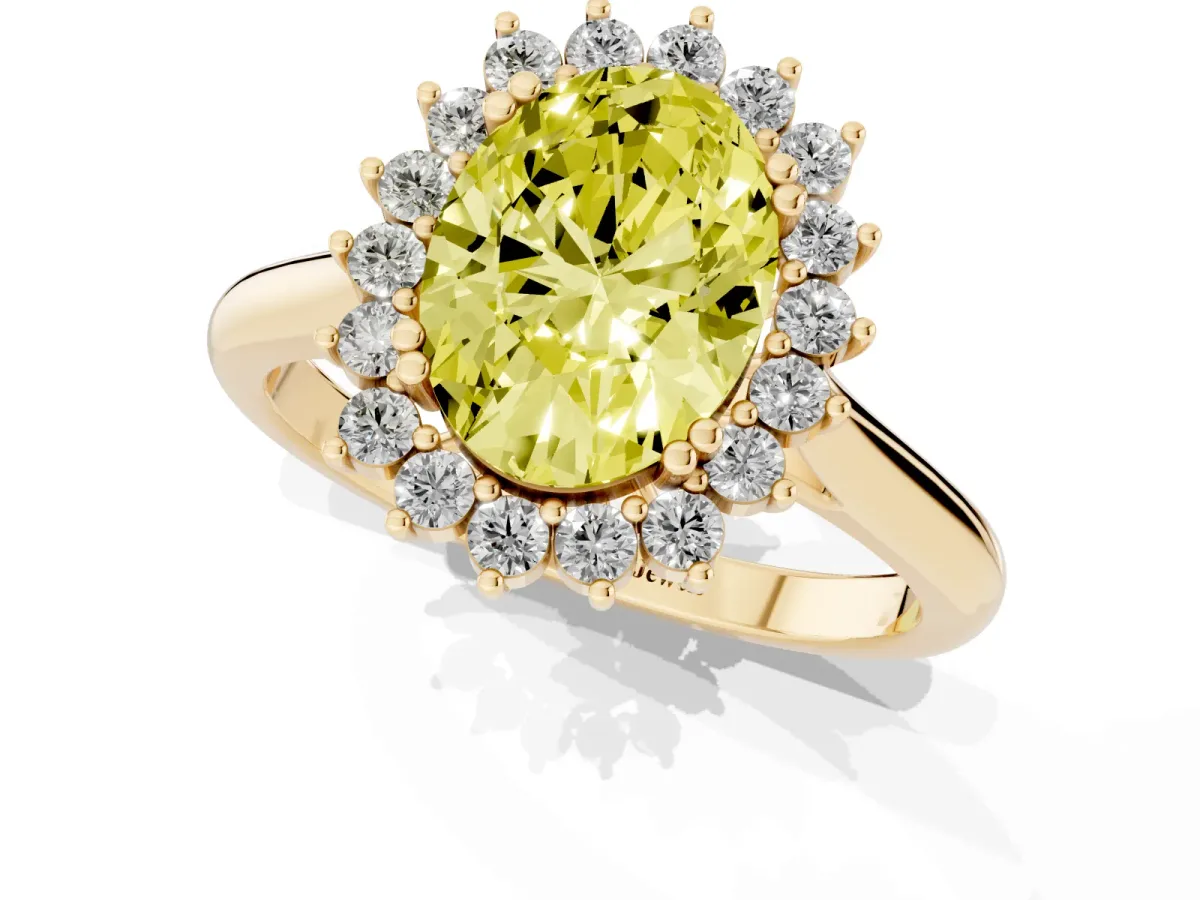 Fancy Yellow Oval Cut Cut Diamond Halo Ring with Solitaire Band and Prong Setting Yellow gold