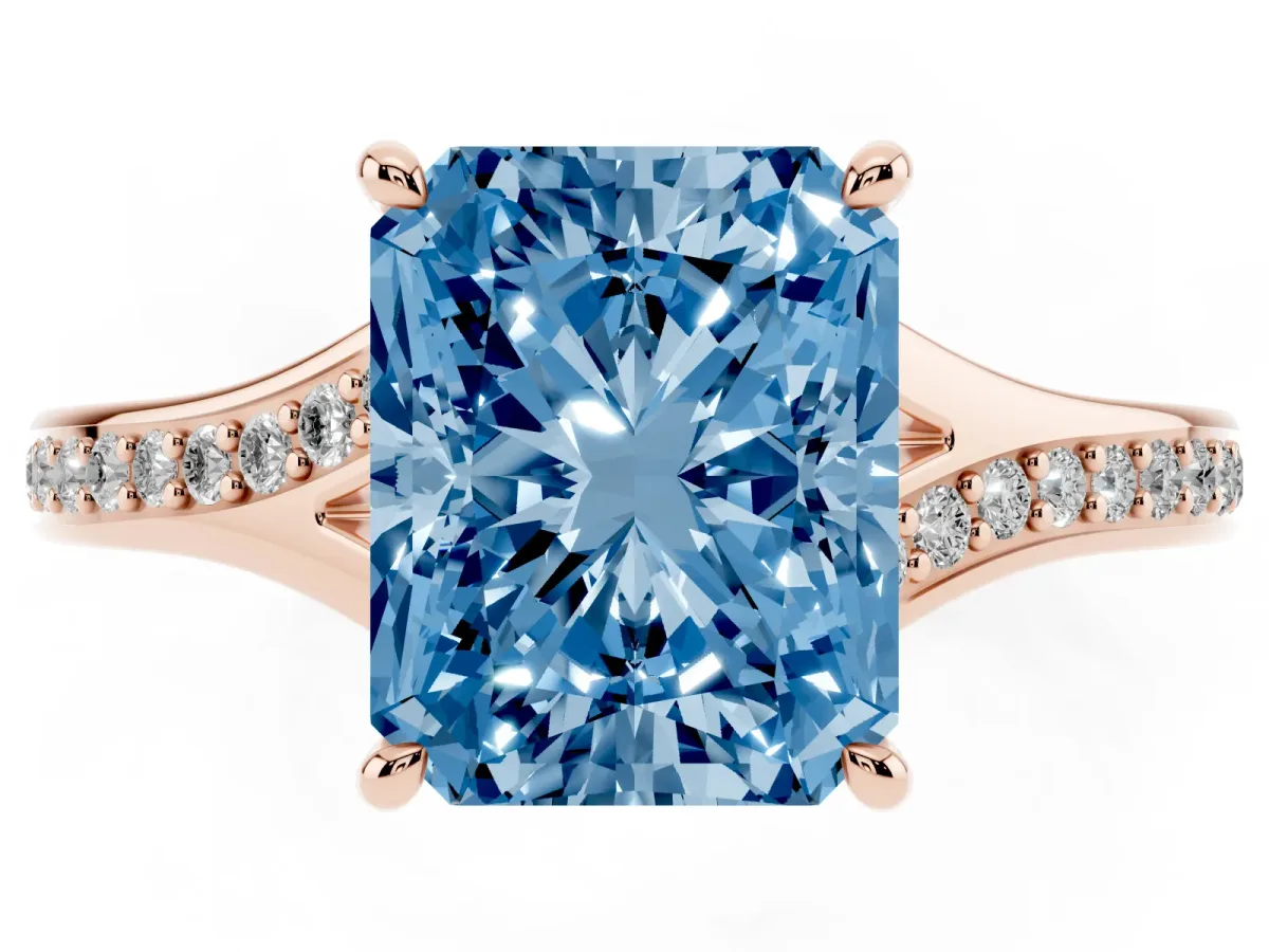 Fancy Blue Radiant Cut Diamond Solitaire Ring with Pavé Band and Prong Setting Rose gold
