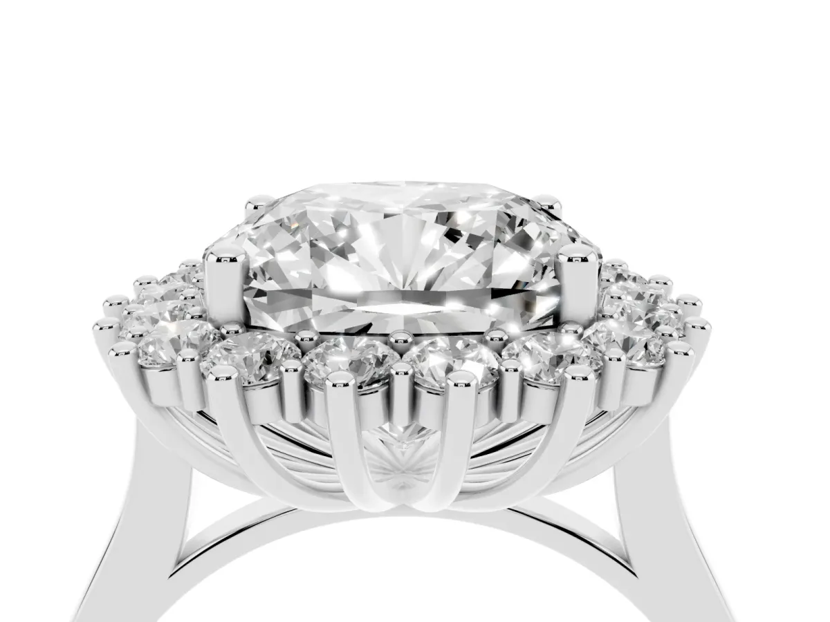 Cushion Diamond Halo Engagement Ring with Round Diamond Accents White gold