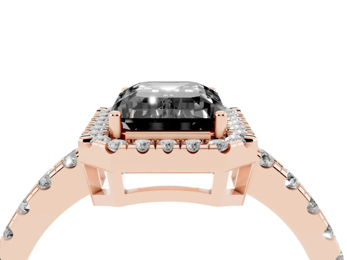 Fancy Black Emerald Cut Diamond Halo Ring with Pavé Band and Four-Prong Setting Rose gold