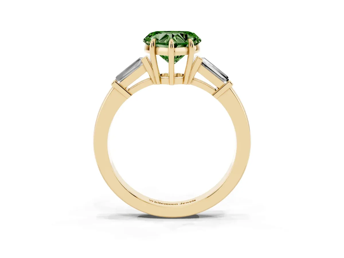 Fancy Green Heart Cut Diamond Three-Stone Ring with Tapered Baguette Side Stones and Prong Setting Yellow gold