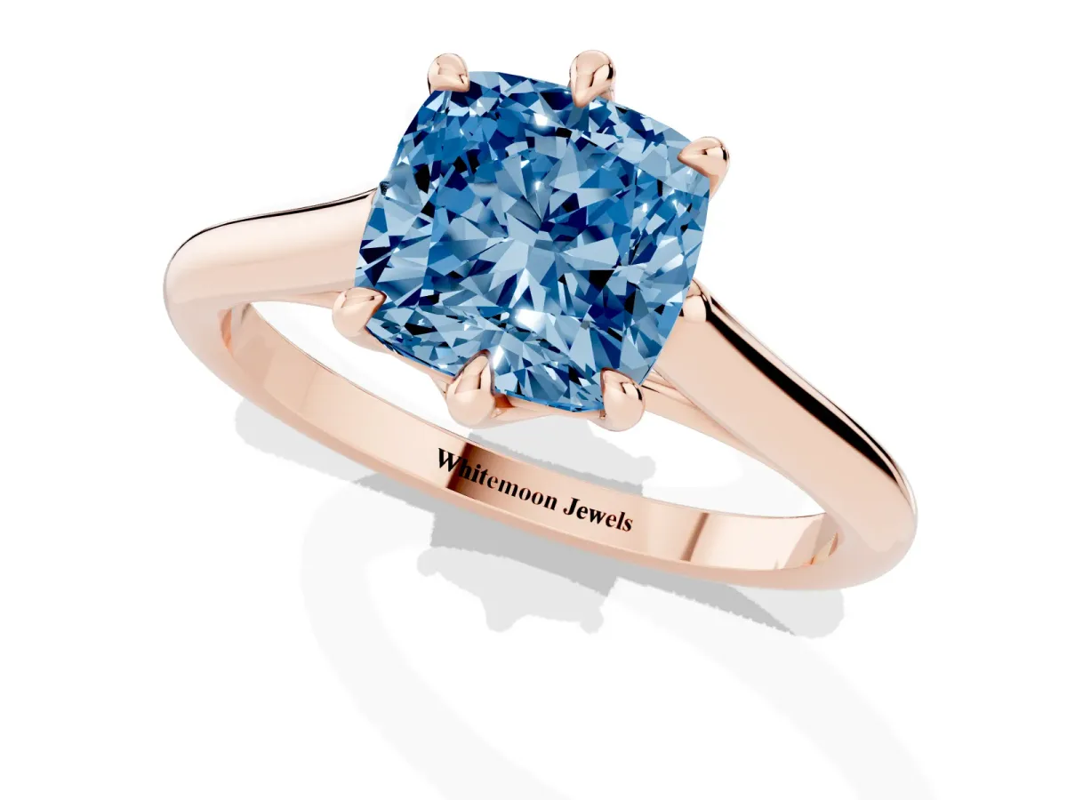 Fancy Blue Cushion Cut Solitaire Engagement Ring with Six-Prong Setting and Classic Band Rose gold