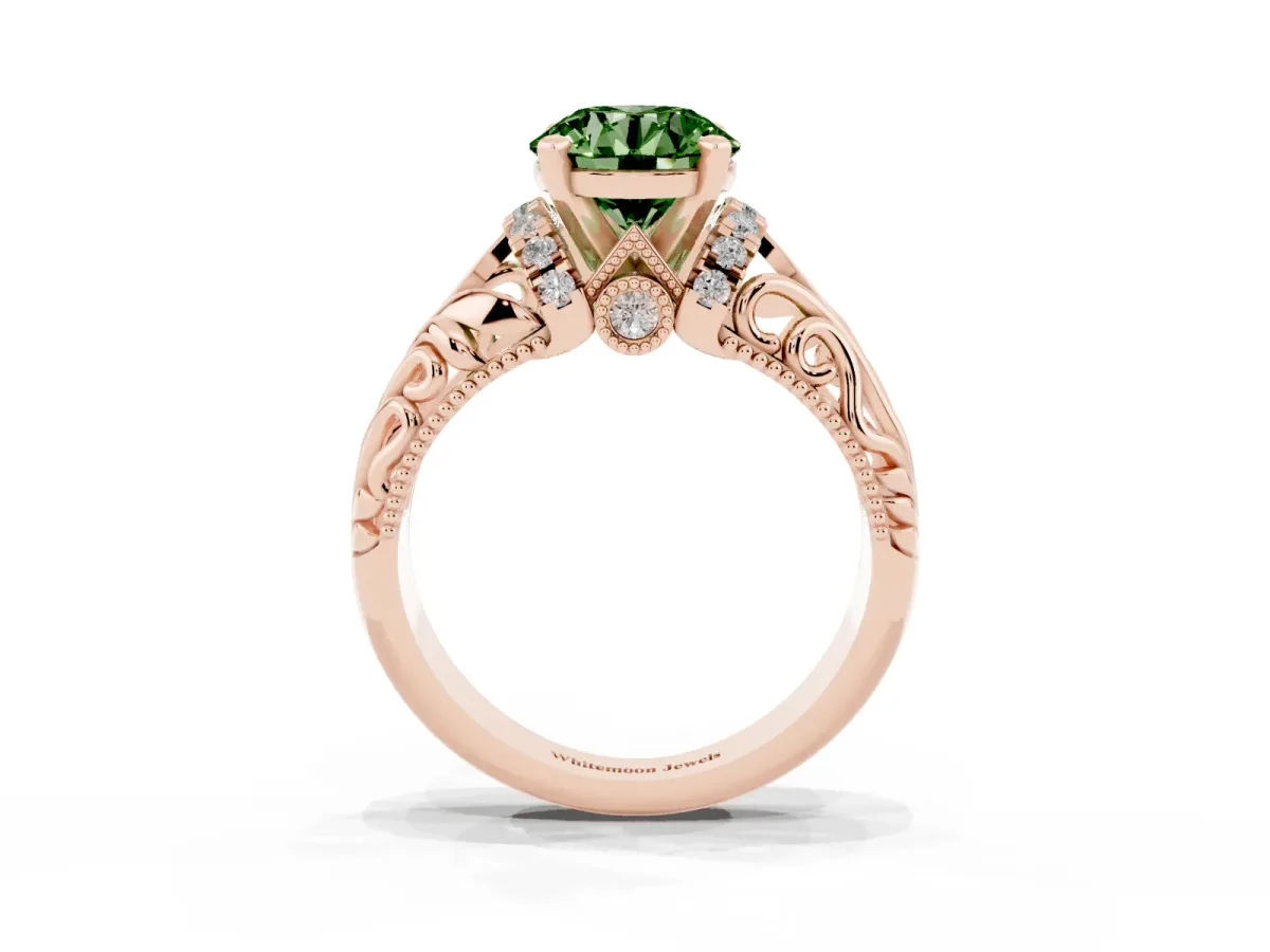 Fancy Green Round Cut Solitaire Filigree Engagement Ring with Halo and Prong Setting Rose gold