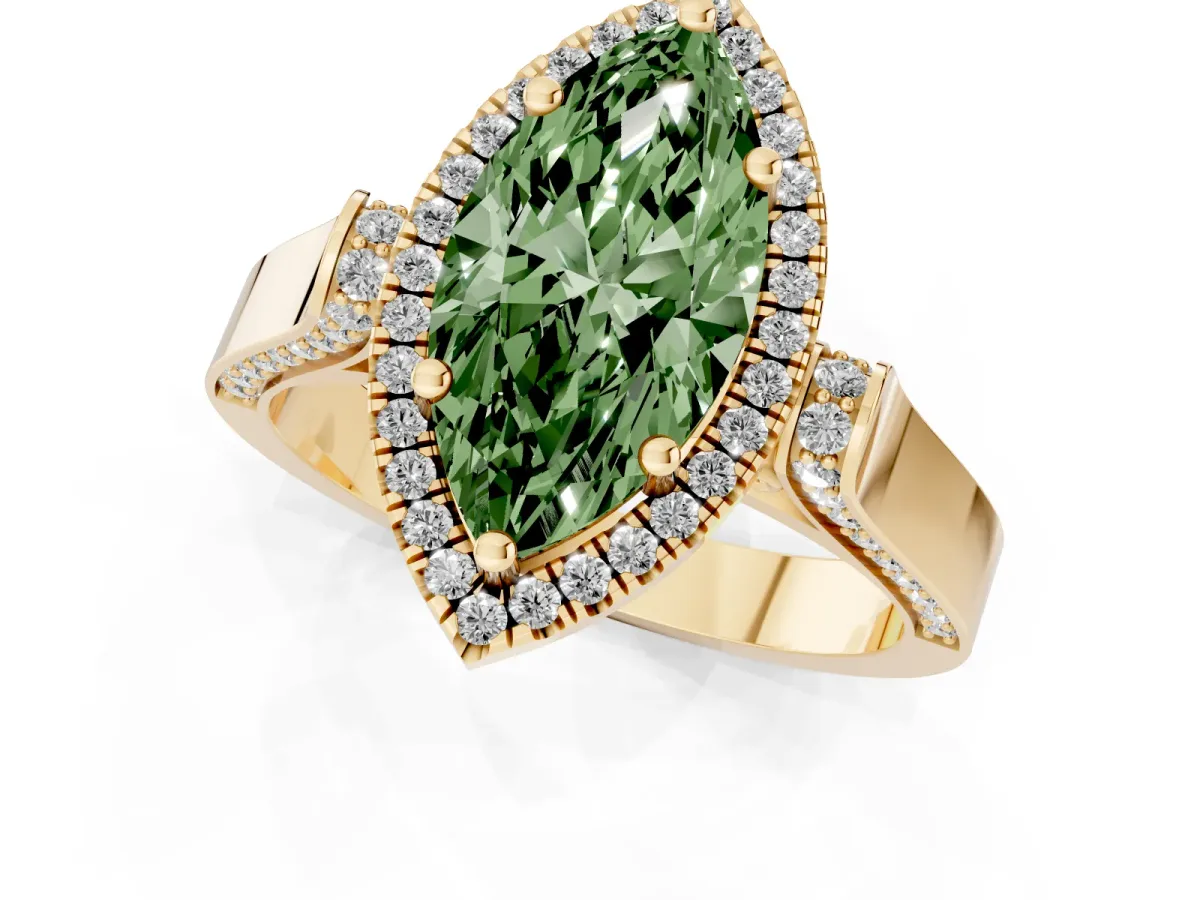 Fancy Green Marquise Cut Halo Round Diamond Twist Band with Four-Prong Setting Yellow gold