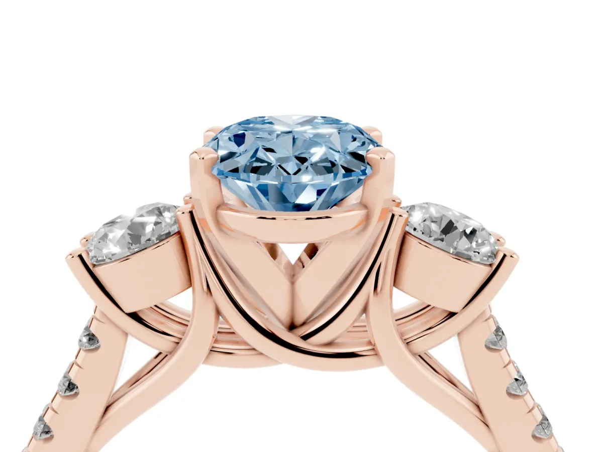 Fancy Blue Three-Stone Oval Cut Diamond Pavé Band with Four-Prong Setting Rose gold