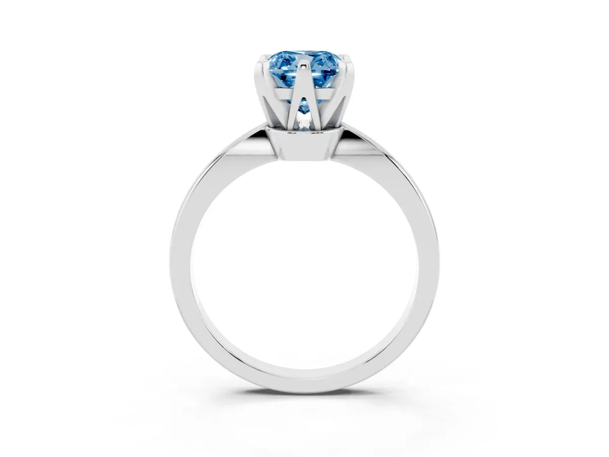 Fancy Blue Cushion Cut Solitaire Engagement Ring with Six-Prong Setting and Tapered Band White gold