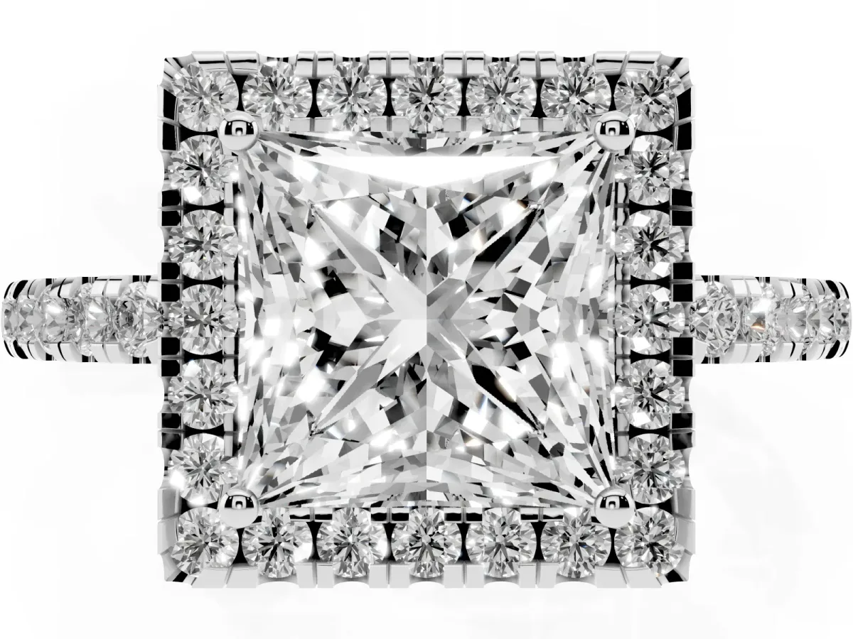 Princess Cut Halo Diamond Engagement Ring with Pavé Band and Four-Prong Setting White gold