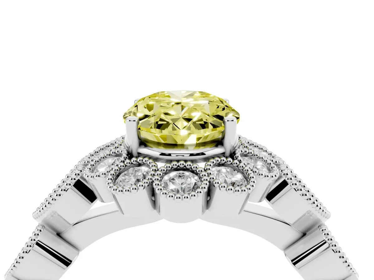 Fancy Yellow Oval Cut Brilliant Milgrain Pave Heart Band Solitaire Ring Silver