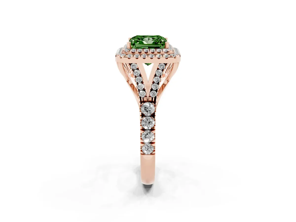 Fancy Green Princess Cut Diamond Pavé Split Shank Double Halo Engagement Ring Rose gold