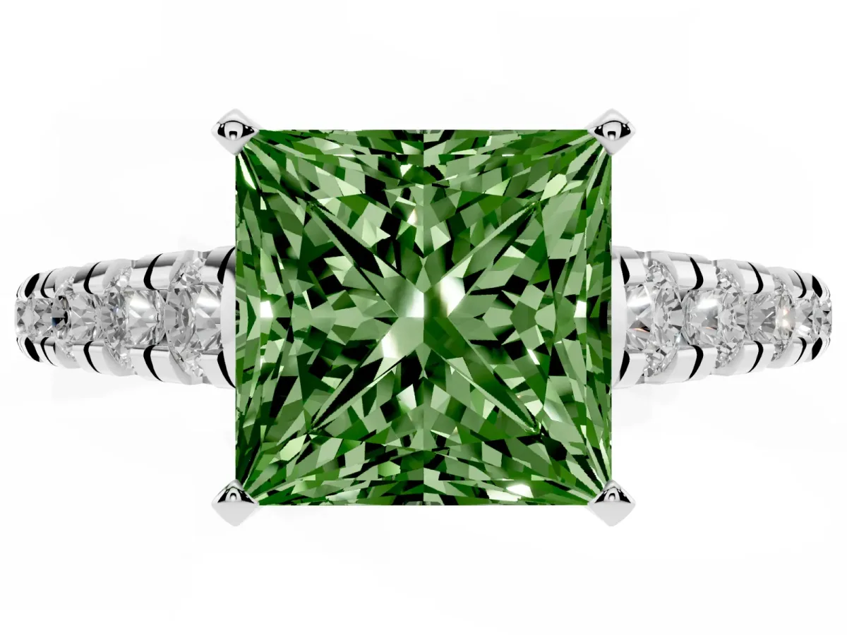 Fancy Green Princess Cut Diamond Cathedral Solitaire Ring with Round Pavé Band Silver