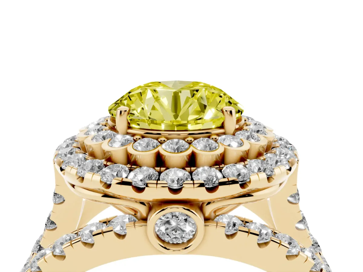 Fancy Yellow Round Cut Diamond Double Halo Ring with Round Pavé Split Shank and Prong Setting Yellow gold