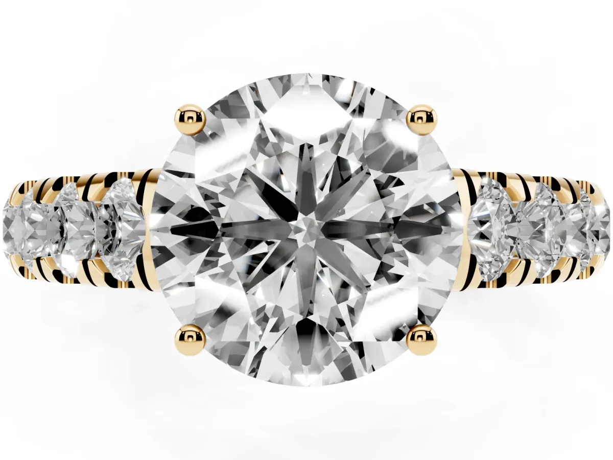 Round Cut Cut Diamond Solitaire Ring with Micro Pave Band and Prong Setting Yellow gold