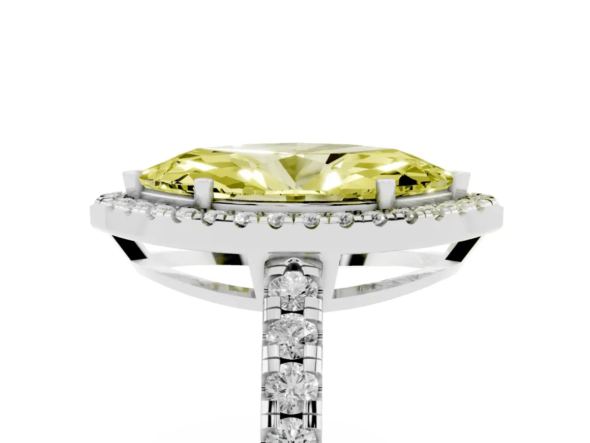 Fancy Yellow Marquise Cut Diamond Halo Ring with Pavé Band and Four-Prong Setting Platinum
