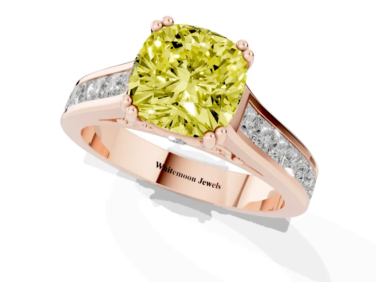 Fancy Yellow Cushion Cut Cut Channel Set Solitaire Engagement Ring with Prong Setting Rose gold