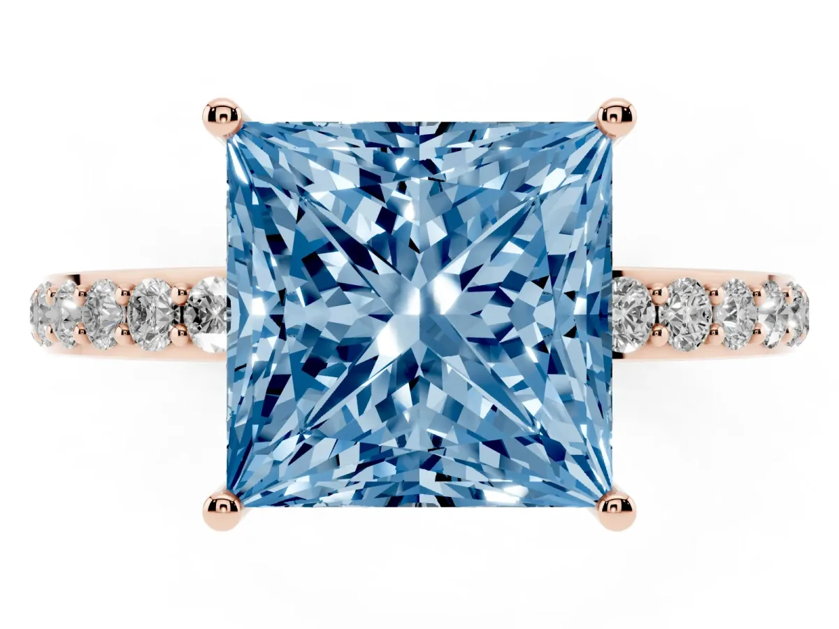 Fancy Blue Princess Cut Diamond Solitaire Ring with Pavé Band and Hidden Halo Rose gold