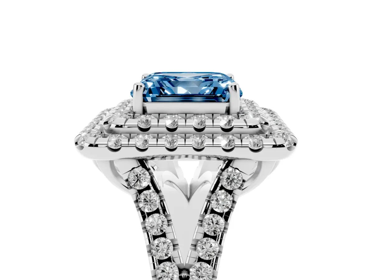 Fancy Blue Double Halo Asscher Cut Diamond Pavé Split Shank Ring with Prong Setting Platinum