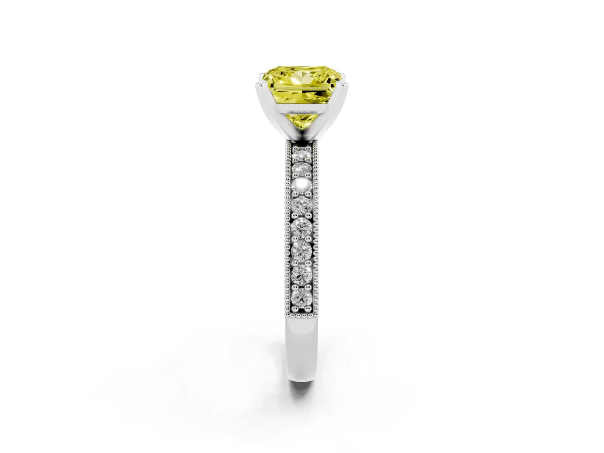 Fancy Yellow Princess Cut Diamond Milgrain Pavé Engagement Ring with Four-Prong Setting Silver