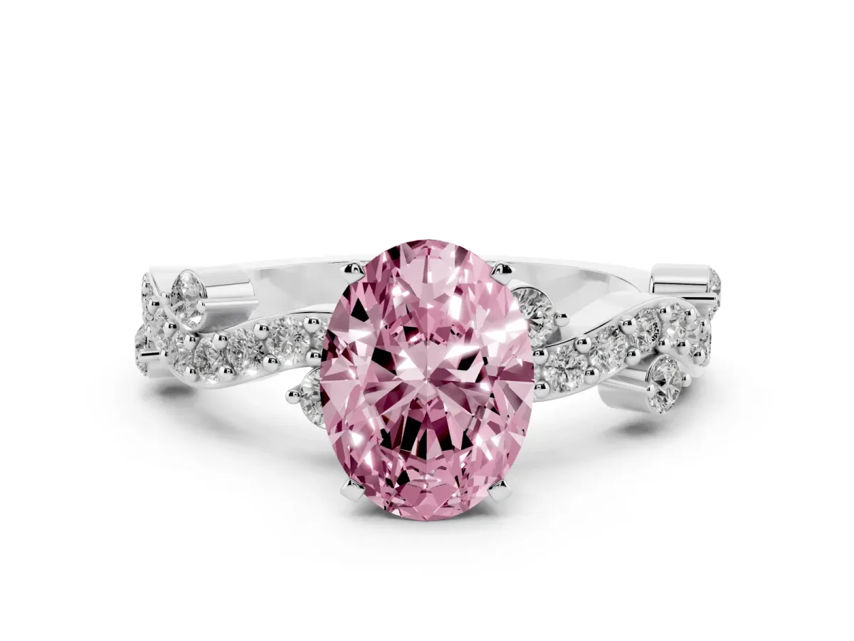 Fancy Pink Oval Cut Cut Solitaire Diamond Twisted Band with Pave Setting Silver