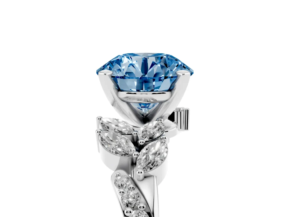 Fancy Blue Round Cut Solitaire Marquise Twist Band with Six-Prong Setting Silver
