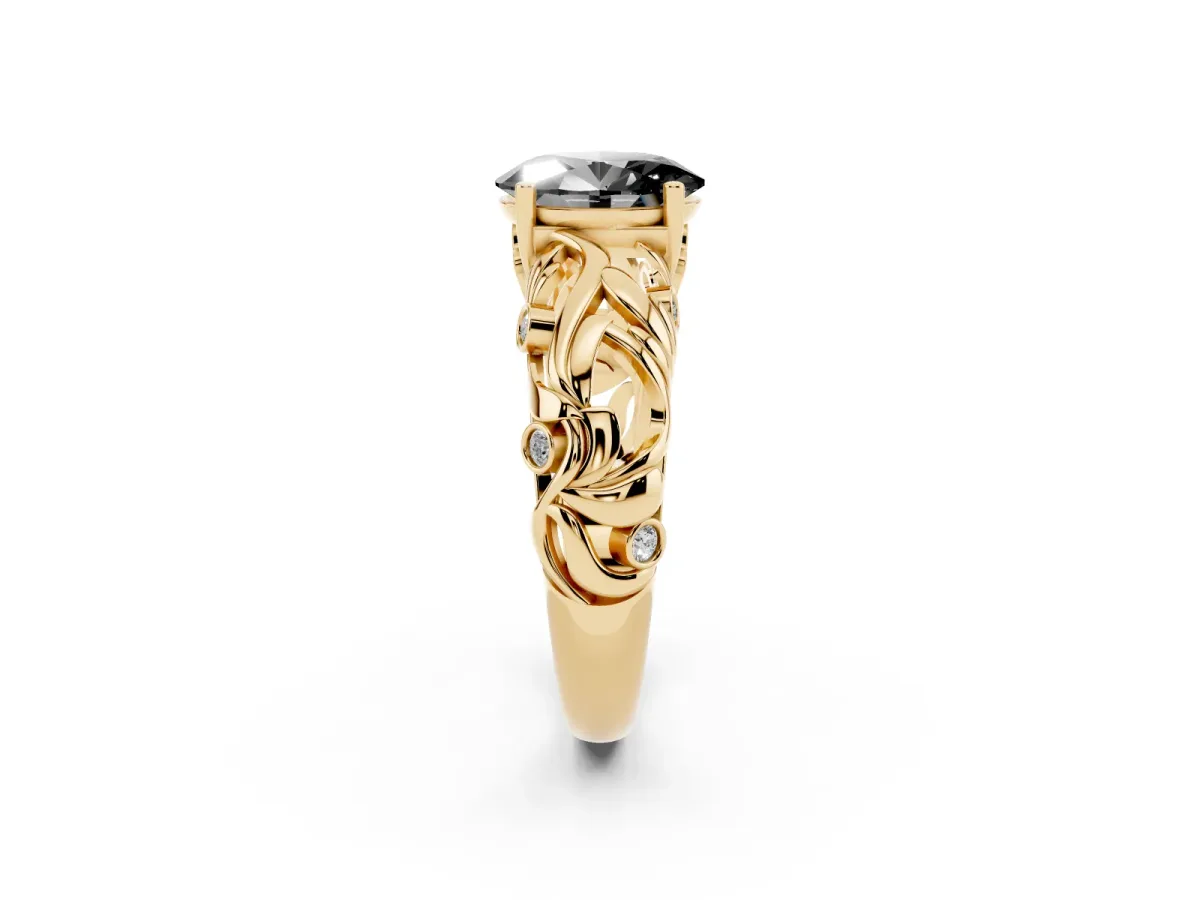Fancy Black Oval Cut Solitaire Diamond Leaf-Inspired Vine Band Ring with Prong Setting Yellow gold