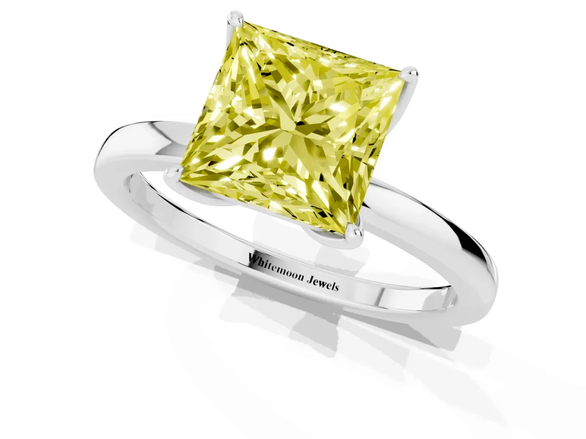 Fancy Yellow Princess Cut Diamond Solitaire Ring with Thin Band and Prong Setting Silver