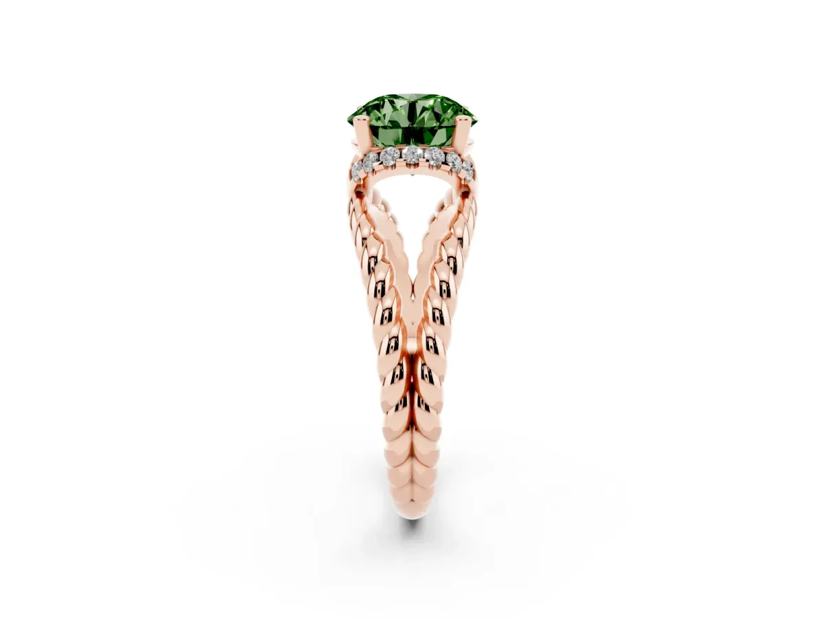 Fancy Green Round Cut Halo Twisted Band Four-Prong Ring Rose gold